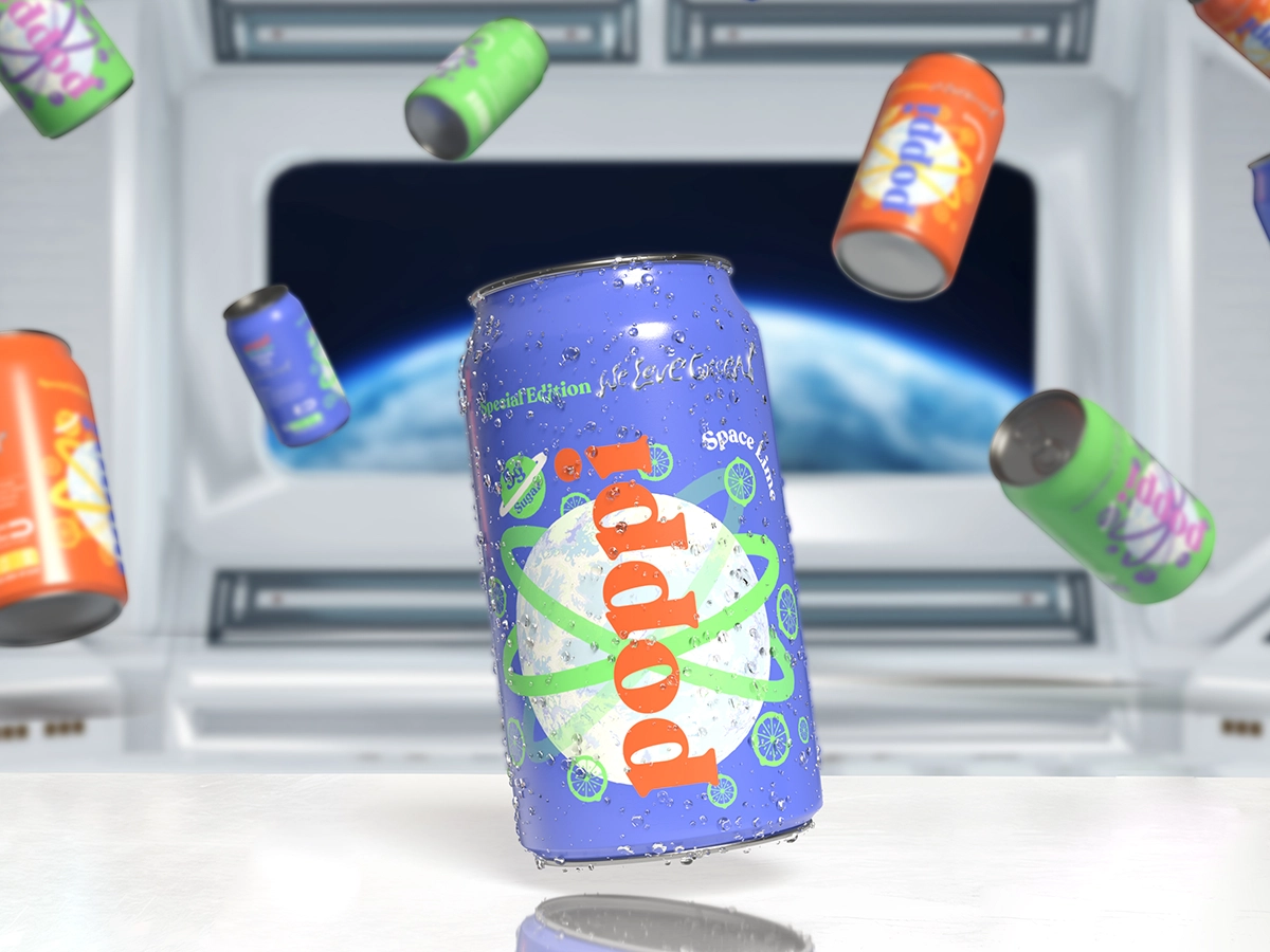 Visuel de 3 canettes Poppi en suspension dans l'air