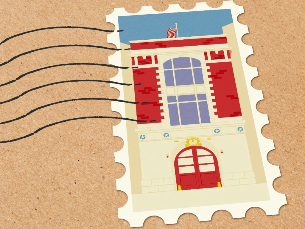 Timbre représentant une caserne new-yorkaise présente dans le film Ghostbusters